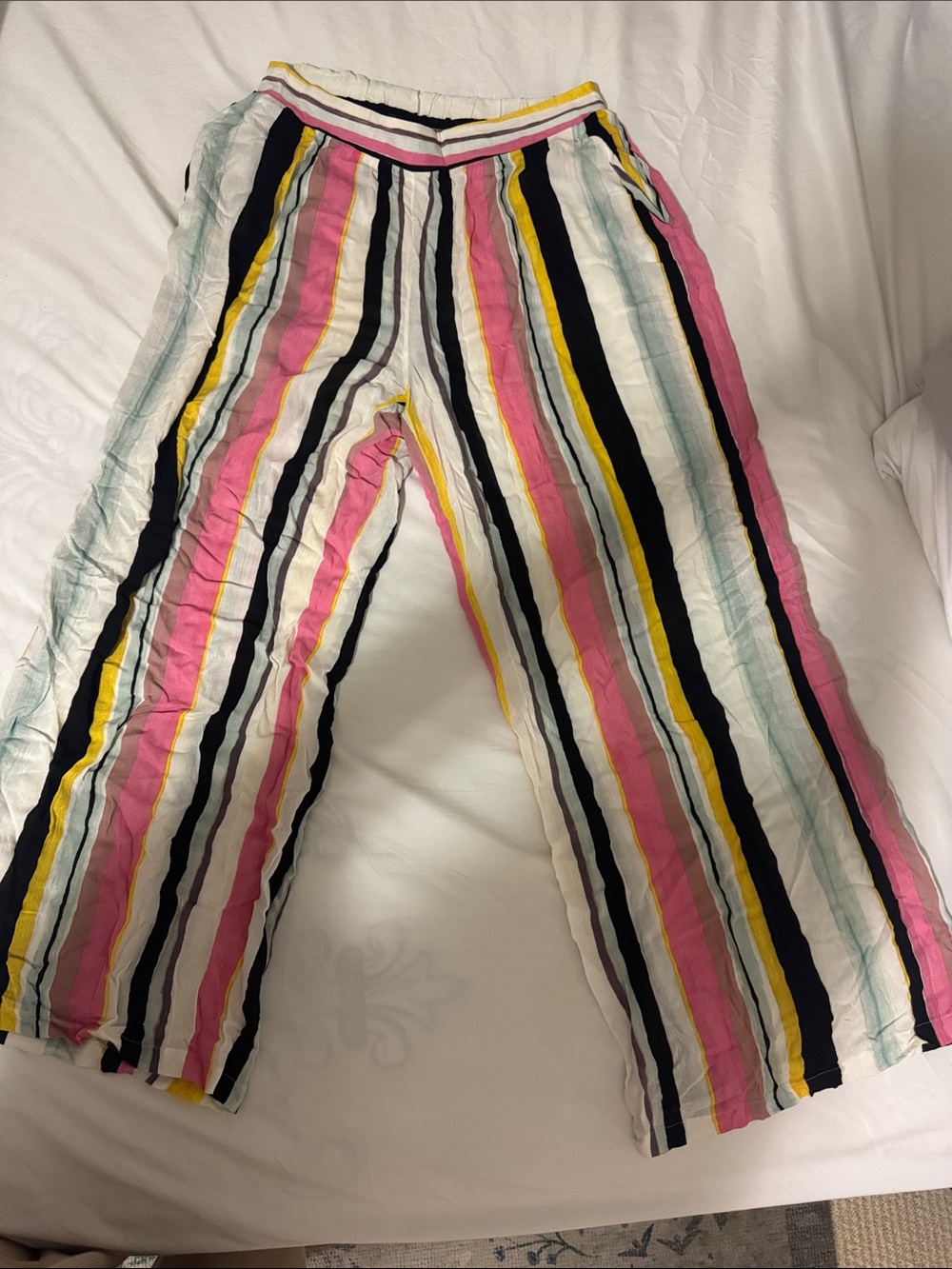 Skye Swimwear Striped Coverup Pants in Pink, Yellow, Black & White